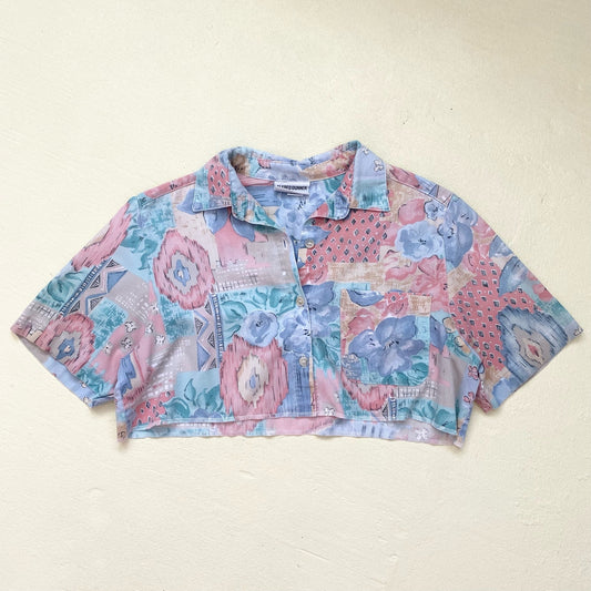 Upcycled Vintage Alfred Dunner Pastel Floral Crop Button Up, Size 12