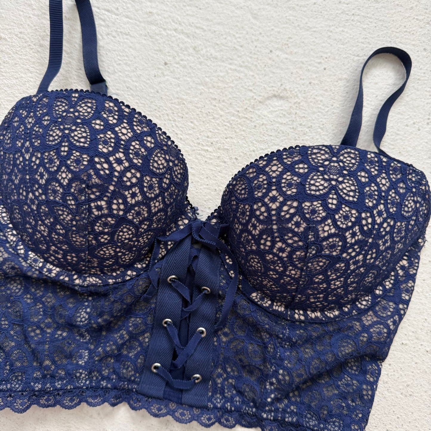 Secondhand Victoria’s Secret Navy Lace Demi Bustier 34D Push Up Back Zip