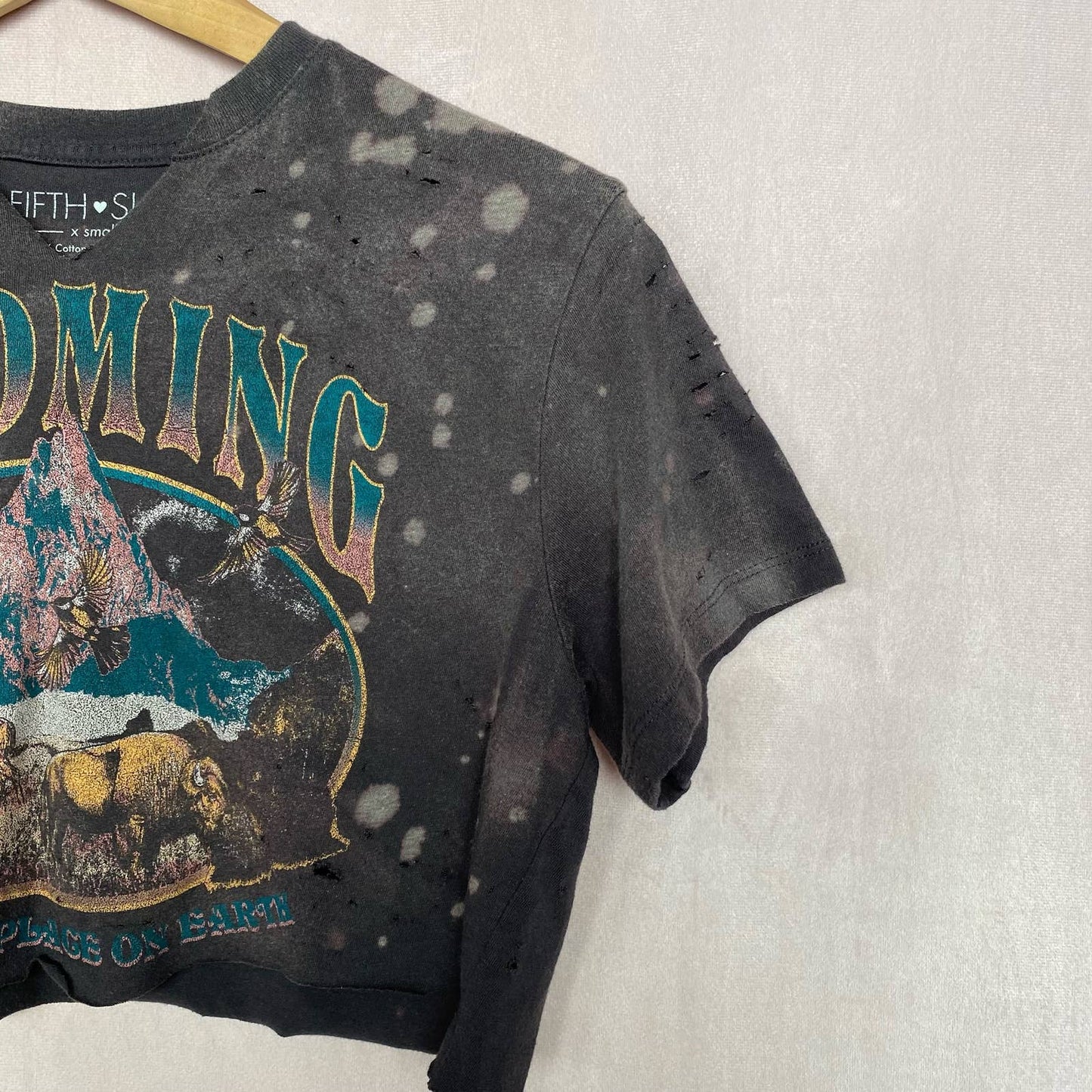 Upcycled Fifth Sun Wyoming Distressed Crop Tee, Size XS