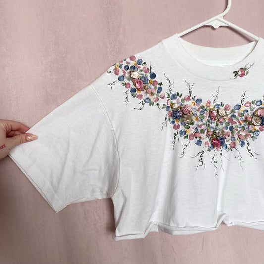 Reworked Vintage Floral Rosette Embellished Crop Tee, Size Large