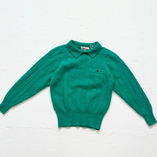 Vintage 70s Silvercord Green Ribbed Collared Sweater Wool Blend, Size Small