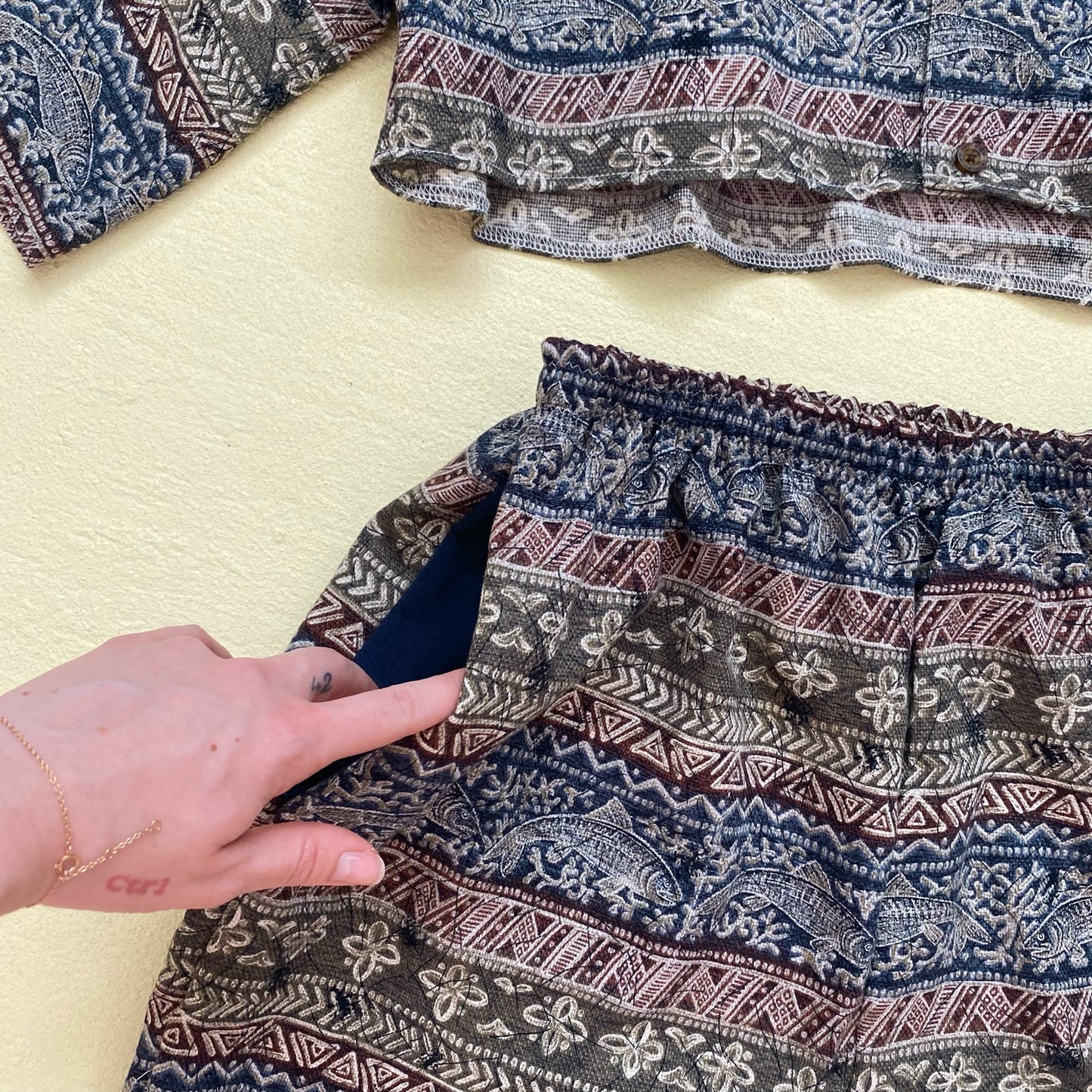 Upcycled Fish Tribal Print Button Up & Shorts Set, Size S/M/L