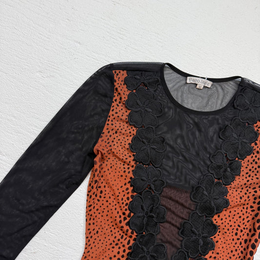 Y2K Deco Style Mesh Velvet Animal Print Bodysuit, Size Medium