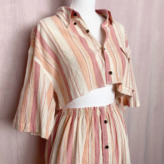 Upcycled Vintage Crop Button Up Shirt & Skirt Set, Size S/M