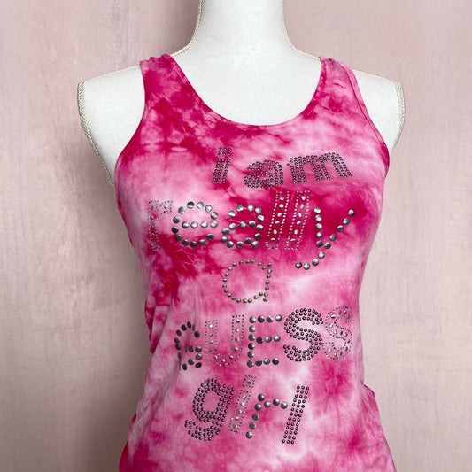 Y2K Guess Rhinestone Pink Tie Dye Tank Top, Size Large