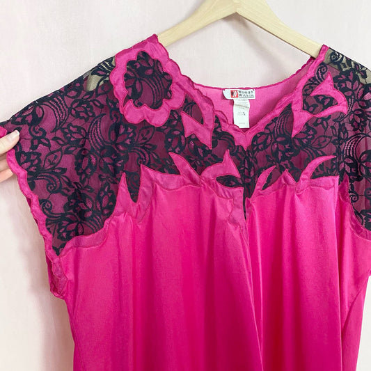 Vintage Woman Within Pink Satin Black Lace Top, Size 1X