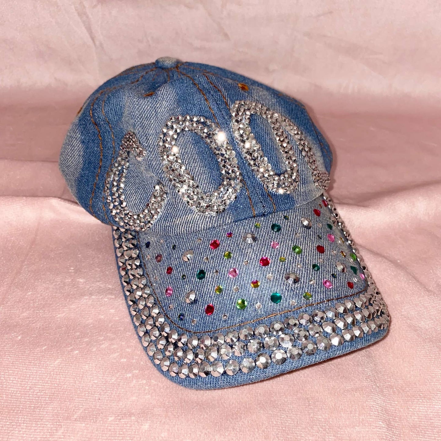 Upcycled COOL Rhinestone Denim Cap Hat