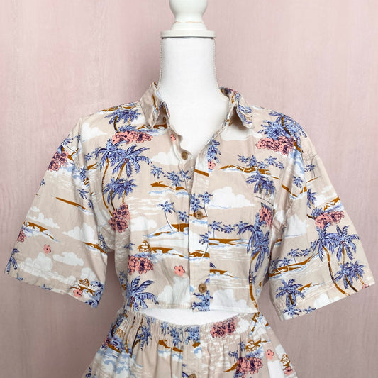 Upcycled Hawaiian Button Front Two Piece Skirt Set, Size Small