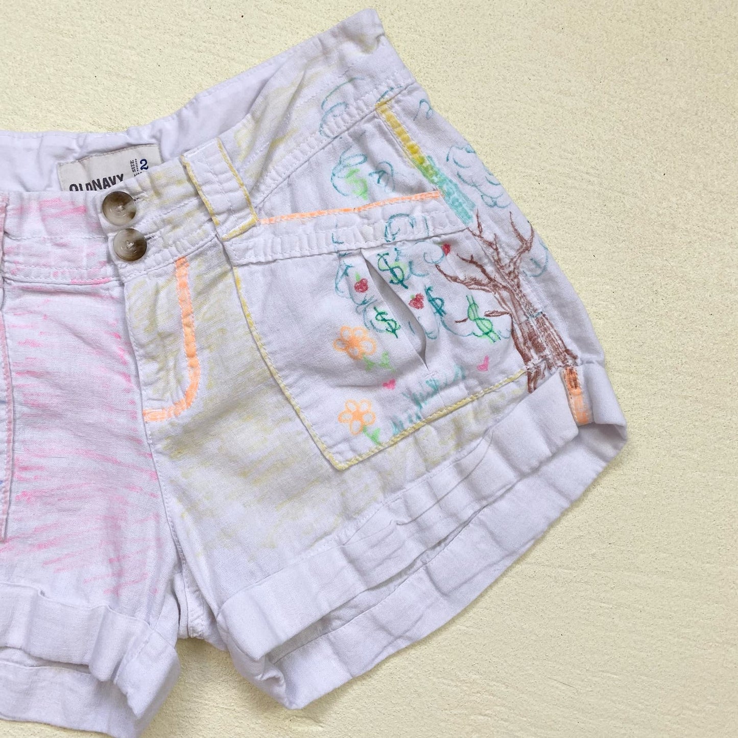 Upcycled Old Navy Doodle Art Linen Blend Shorts, Size 2
