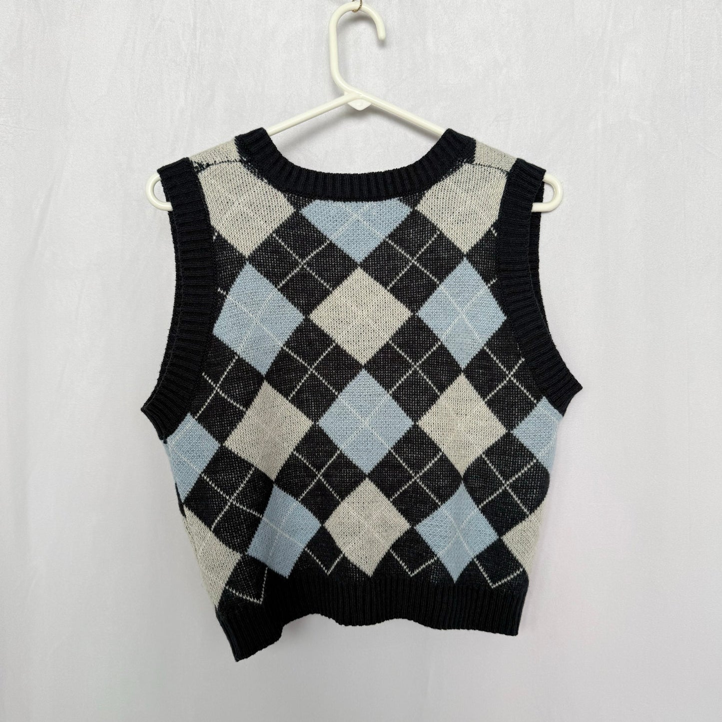 Secondhand J for Justify Blue Argyle Crop Sweater Vest, Size Large