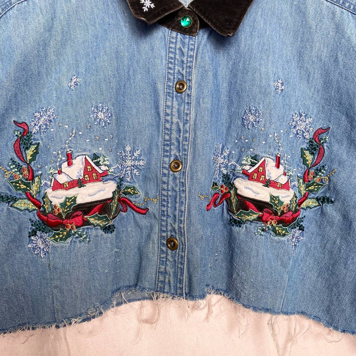 Upcycled Vintage Bobbie Brooks Christmas Embroidered Crop Denim Button Up, Size 3X
