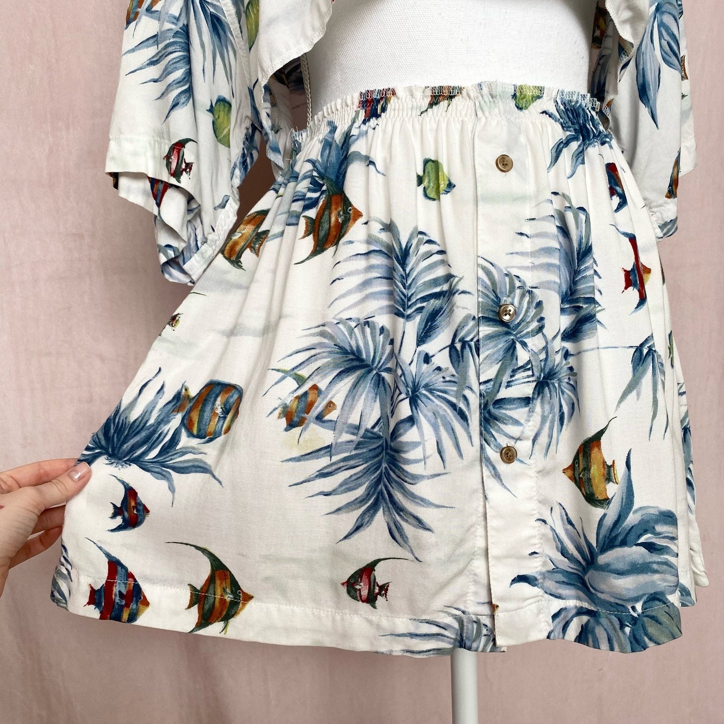 Upcycled Vintage Fish Print Button Two Piece Skirt Set, Size M/L