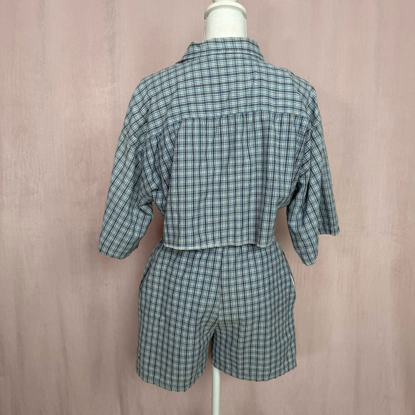 Upcycled Button Up Crop Shirt & Boxer Shorts Set, Size S/M