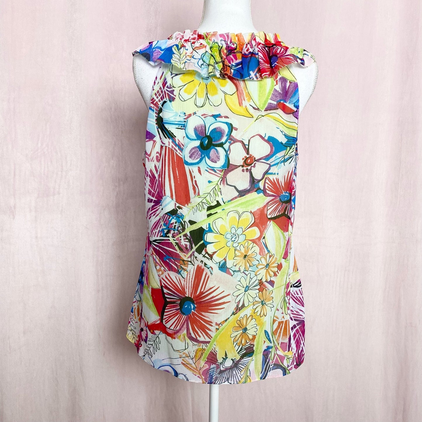 Secondhand Spense Colorful Floral Ruffle Sleeveless Blouse, Size Large