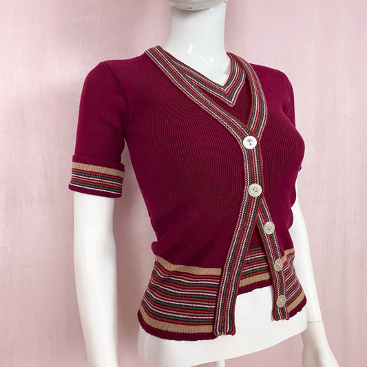 Vintage Ribbed V-neck Cardigan Short Sleeve Top, Size Small