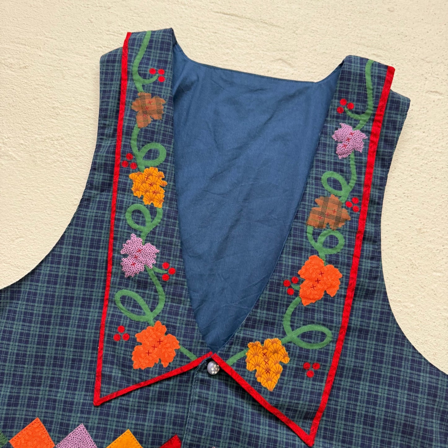 Vintage Navy Green Plaid Harvest Appliqué Vest, Size Large–XL
