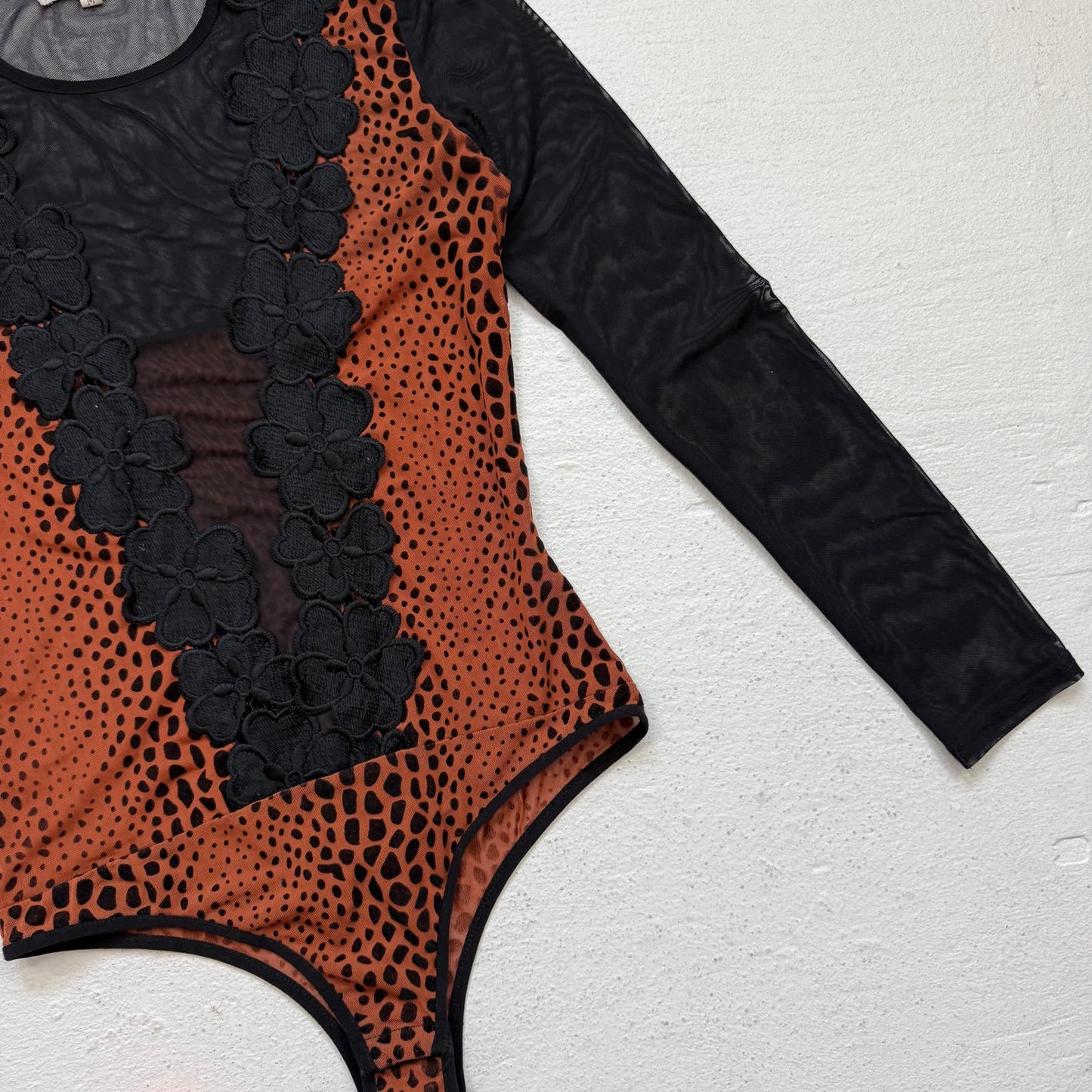 Y2K Deco Style Mesh Velvet Animal Print Bodysuit, Size Medium