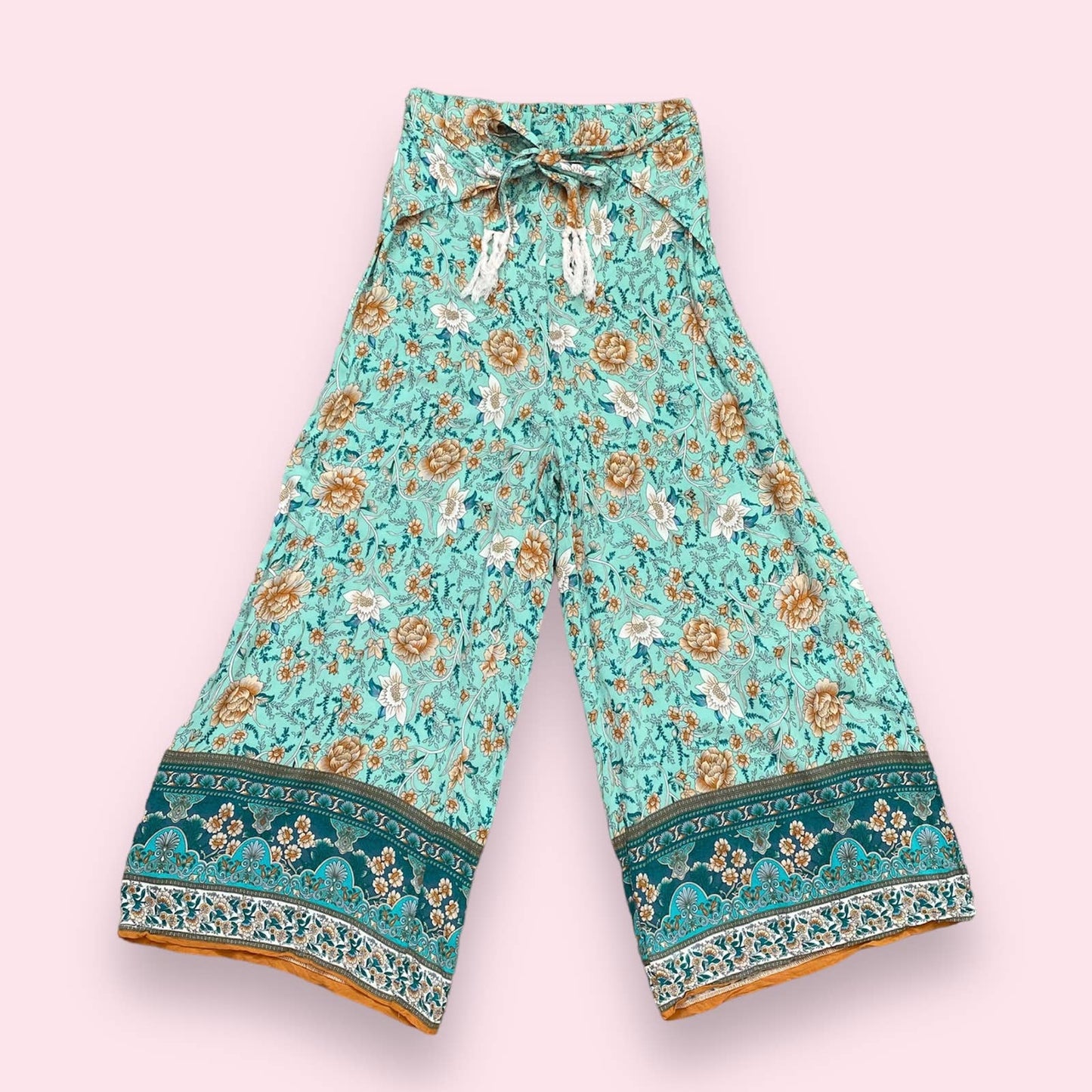 Secondhand Simplee Floral Print Tie Front Tassel Detail Wide Leg Pants, Size Medium