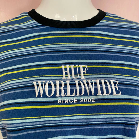 Reworked HUF Worldwide Stripe Knit Crop Tee, Size Medium