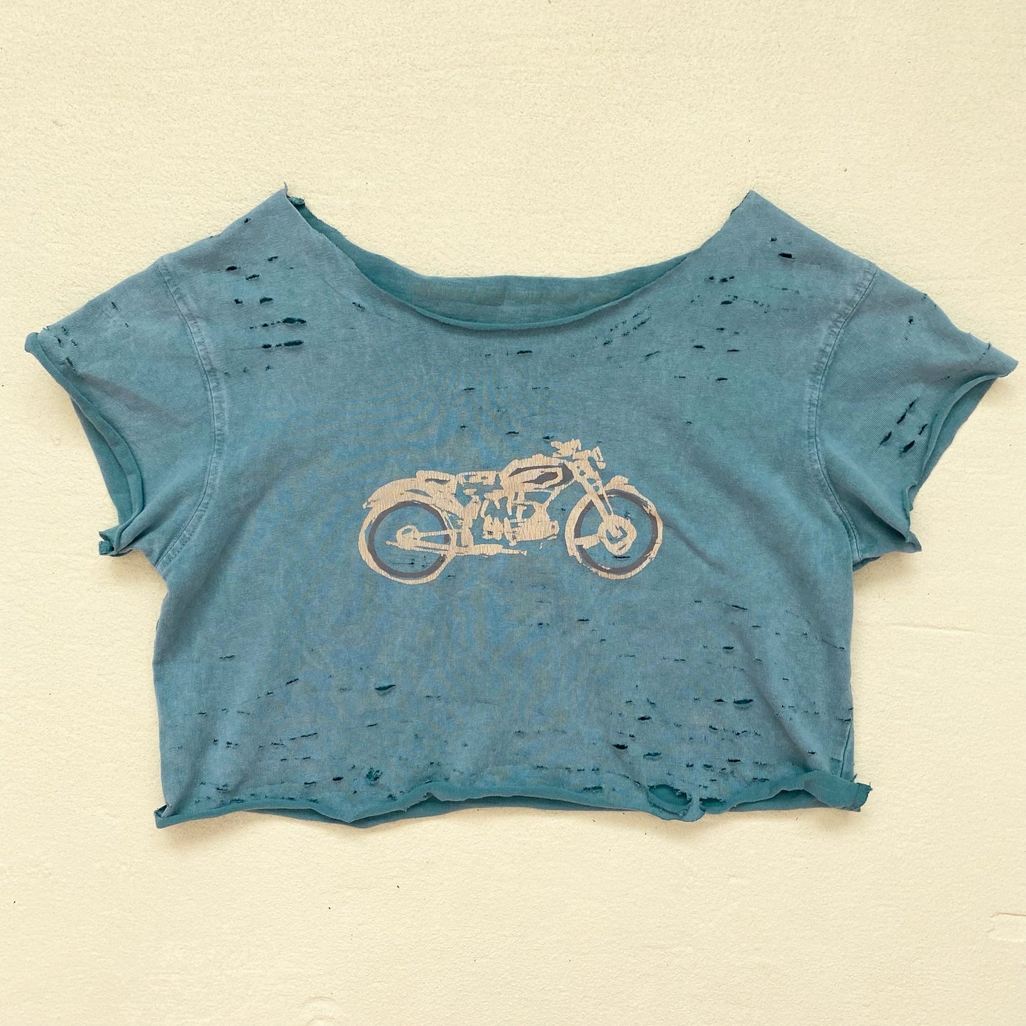 Reworked Distressed Biker Graphic Crop Baby Tee, Size XS