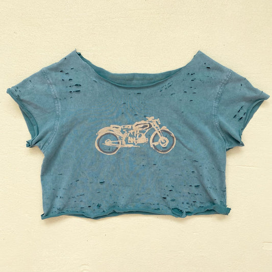 Reworked Distressed Biker Graphic Crop Baby Tee, Size XS
