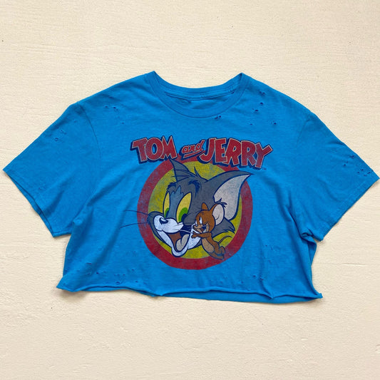 Reworked Tom & Jerry Distressed Crop Graphic Tee, Size Medium
