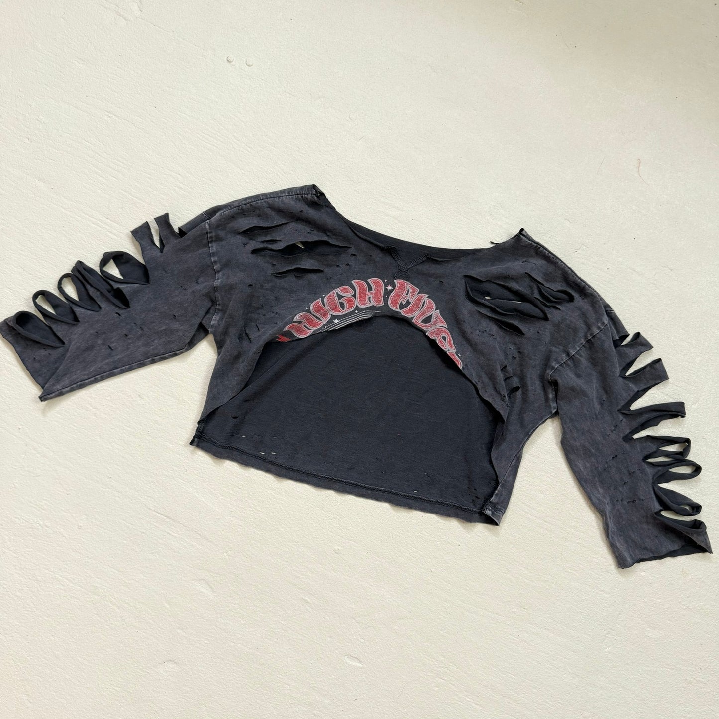 Upcycled Distressed Cutout Retro Graphic Shrug, Size Small