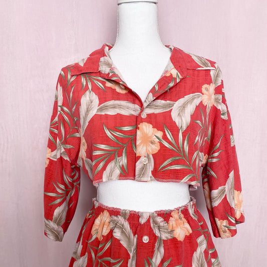 Upcycled Hawaiian Button Front Two Piece Skirt Set, Size M/L