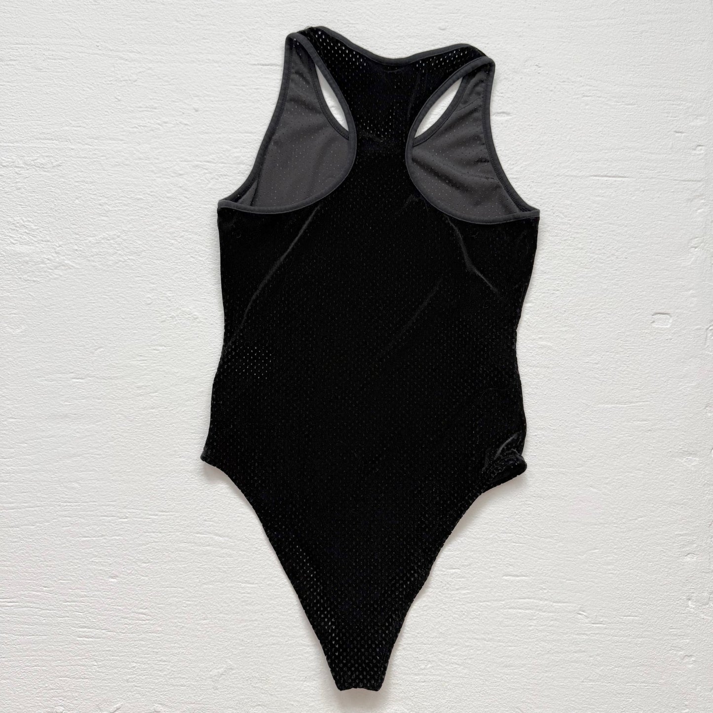 Secondhand FILA Black Velour Mesh Bodysuit Logo One Piece, Size Medium