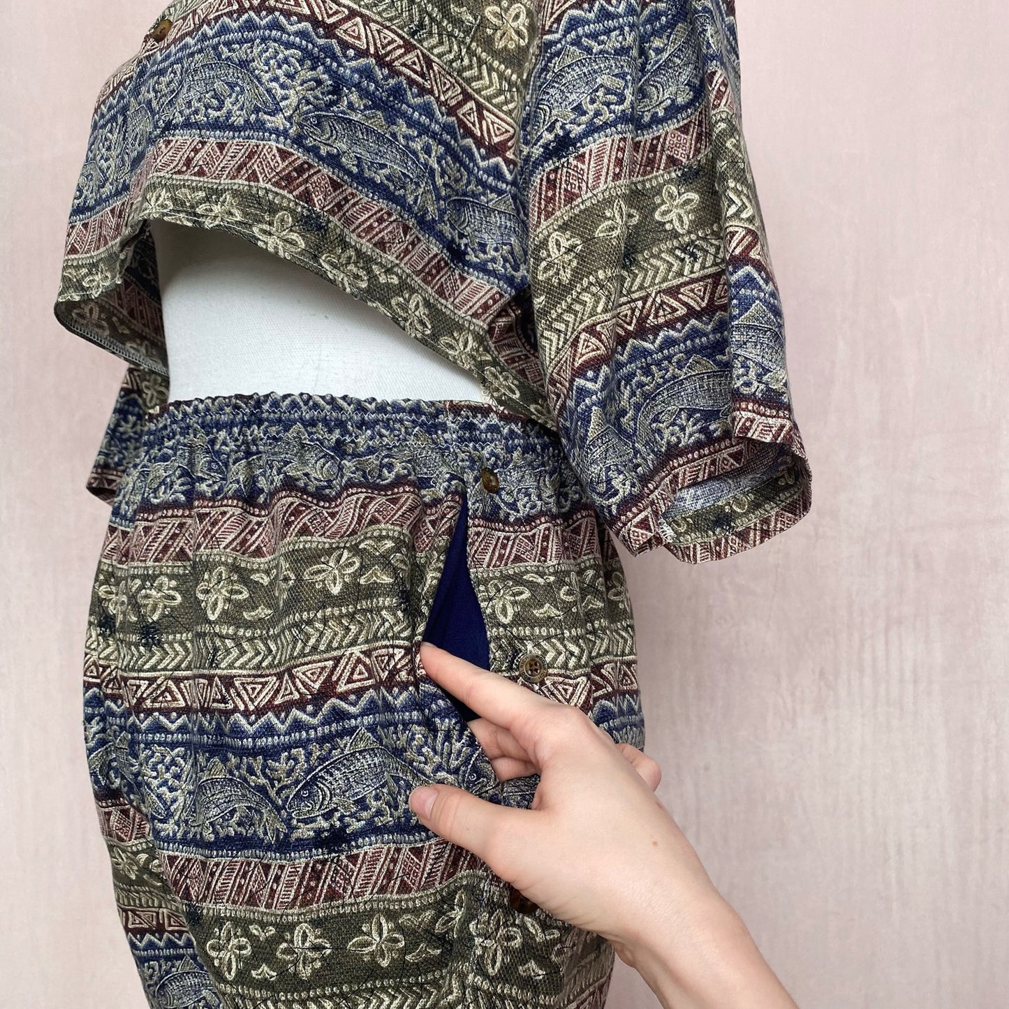 Upcycled Fish Tribal Print Button Up & Shorts Set, Size S/M/L