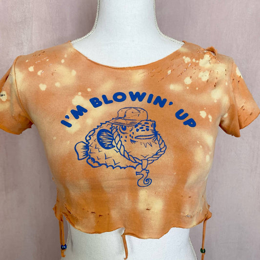 Upcycled I’m Blowin’ Up Distressed Crop Baby Tee, Size XS