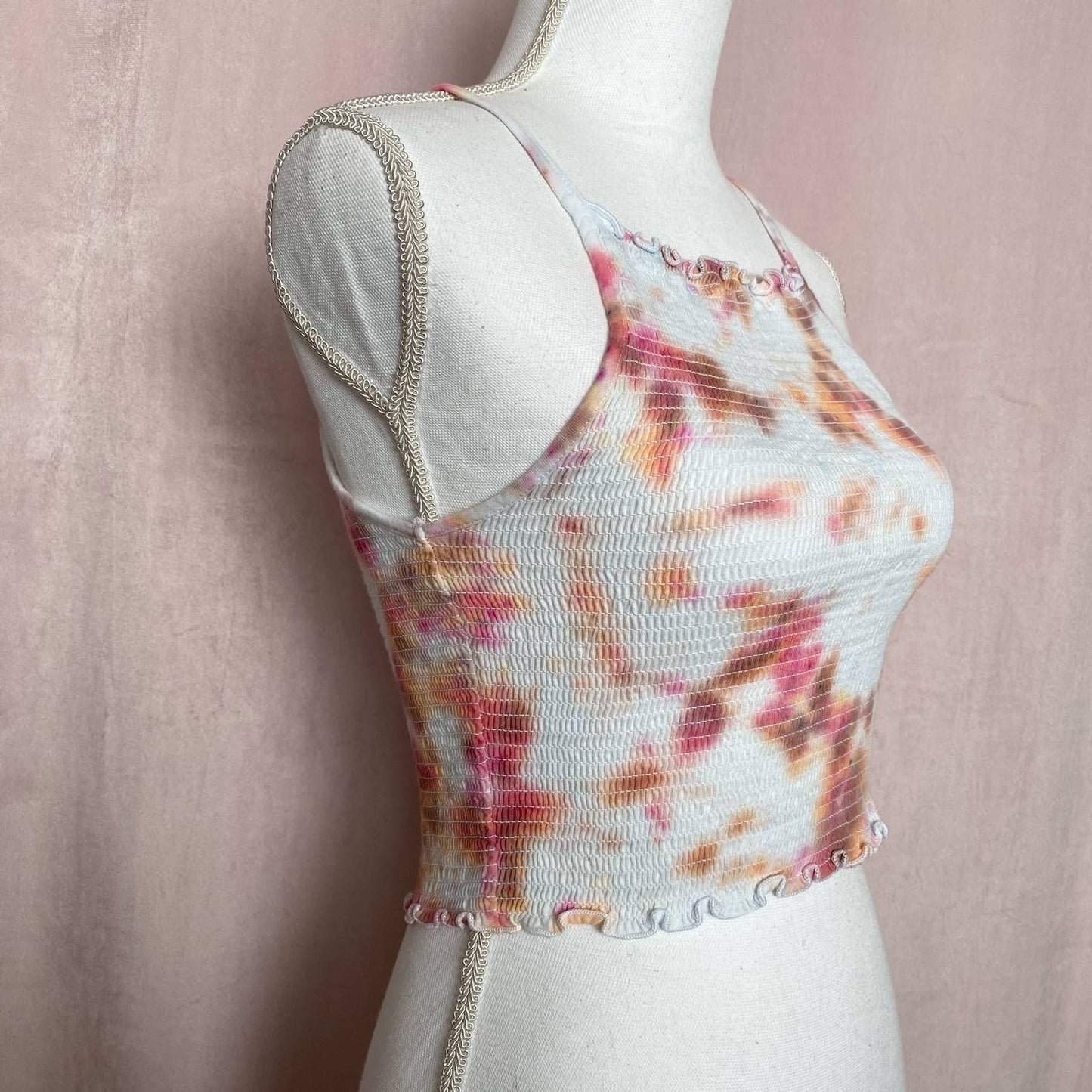Reworked Tie Dye Smocked Crop Tank Top, Size S/M