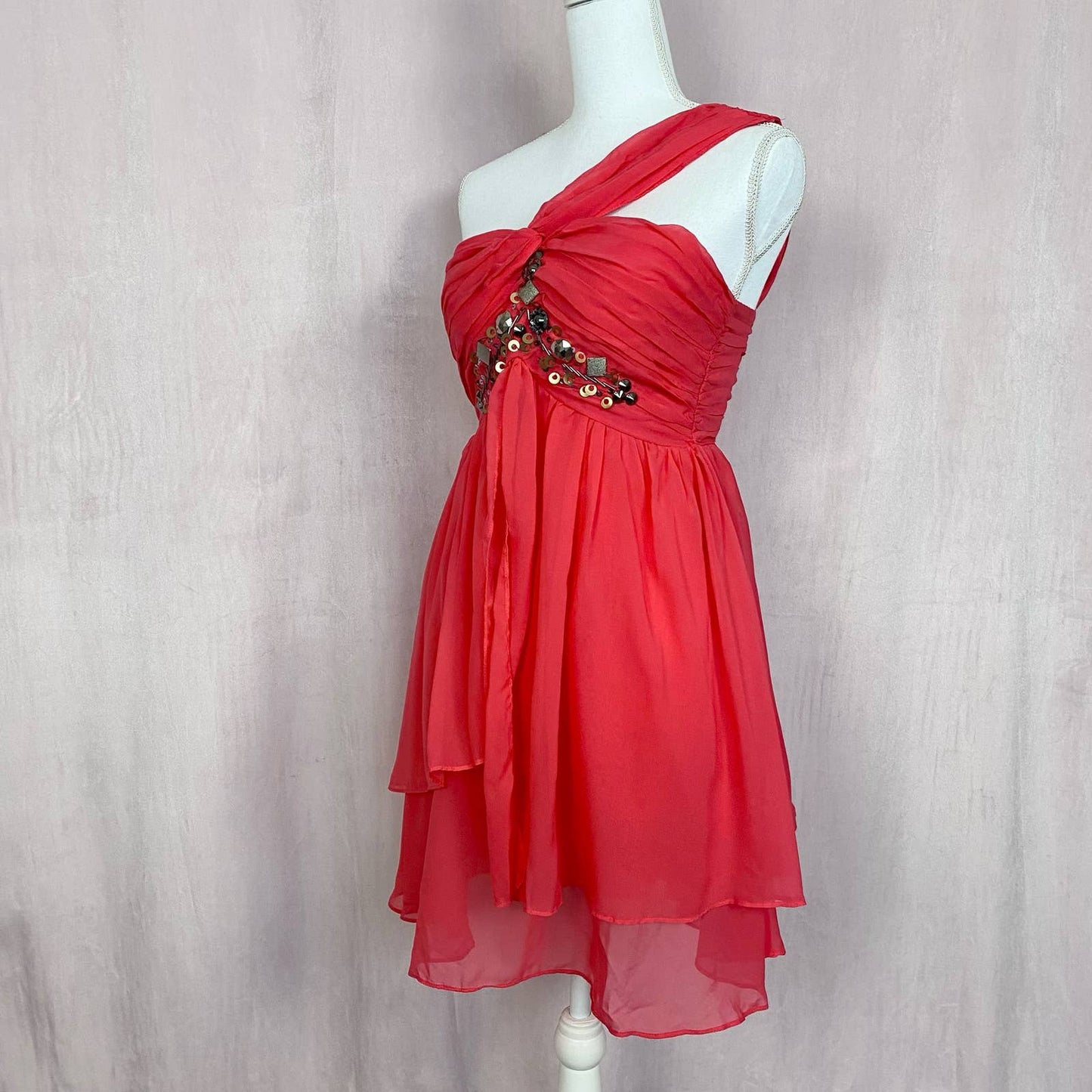 Preowned Marineblu Embellished Chiffon One Shoulder Mini Dress, Size Medium