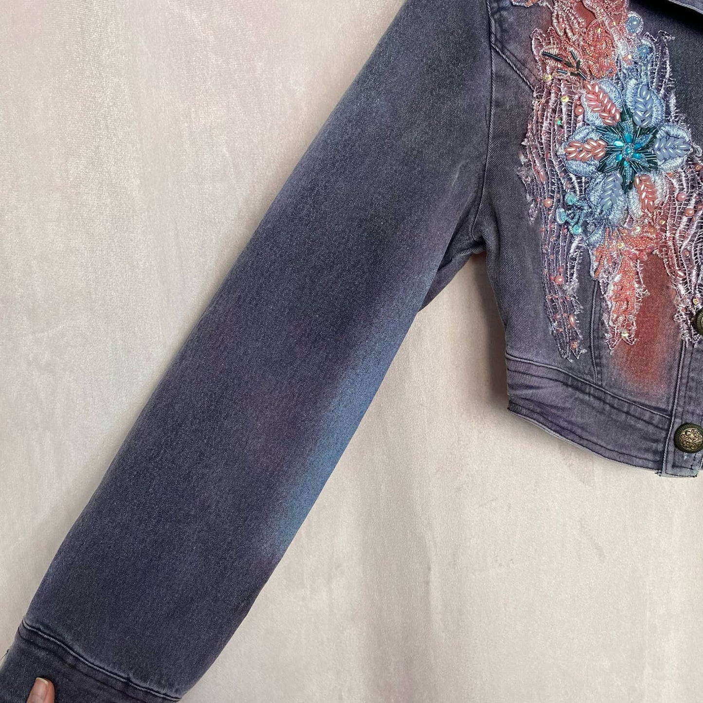 Secondhand AngFu Embellished Crop Jean Jacket, Size Small