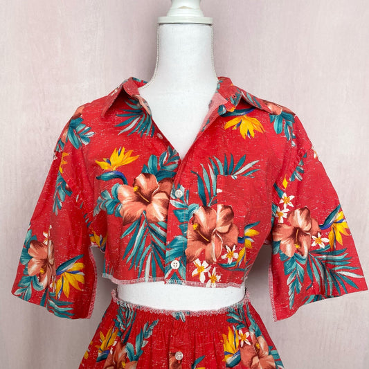 Upcycled Hawaiian Crop Button Up Shirt & Skirt Set, Size XS/S