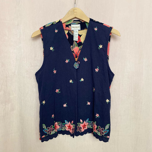 Vintage Floral Embroidered Beaded Vest with Pendant Necklace, Size Small