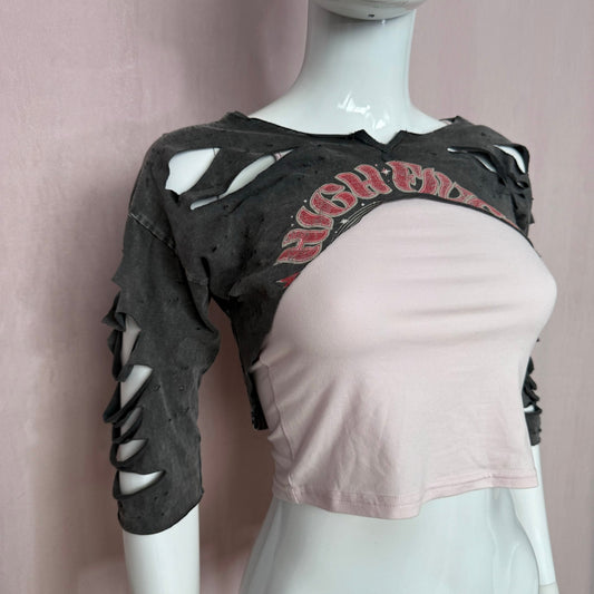 Upcycled Distressed Cutout Retro Graphic Shrug, Size Small