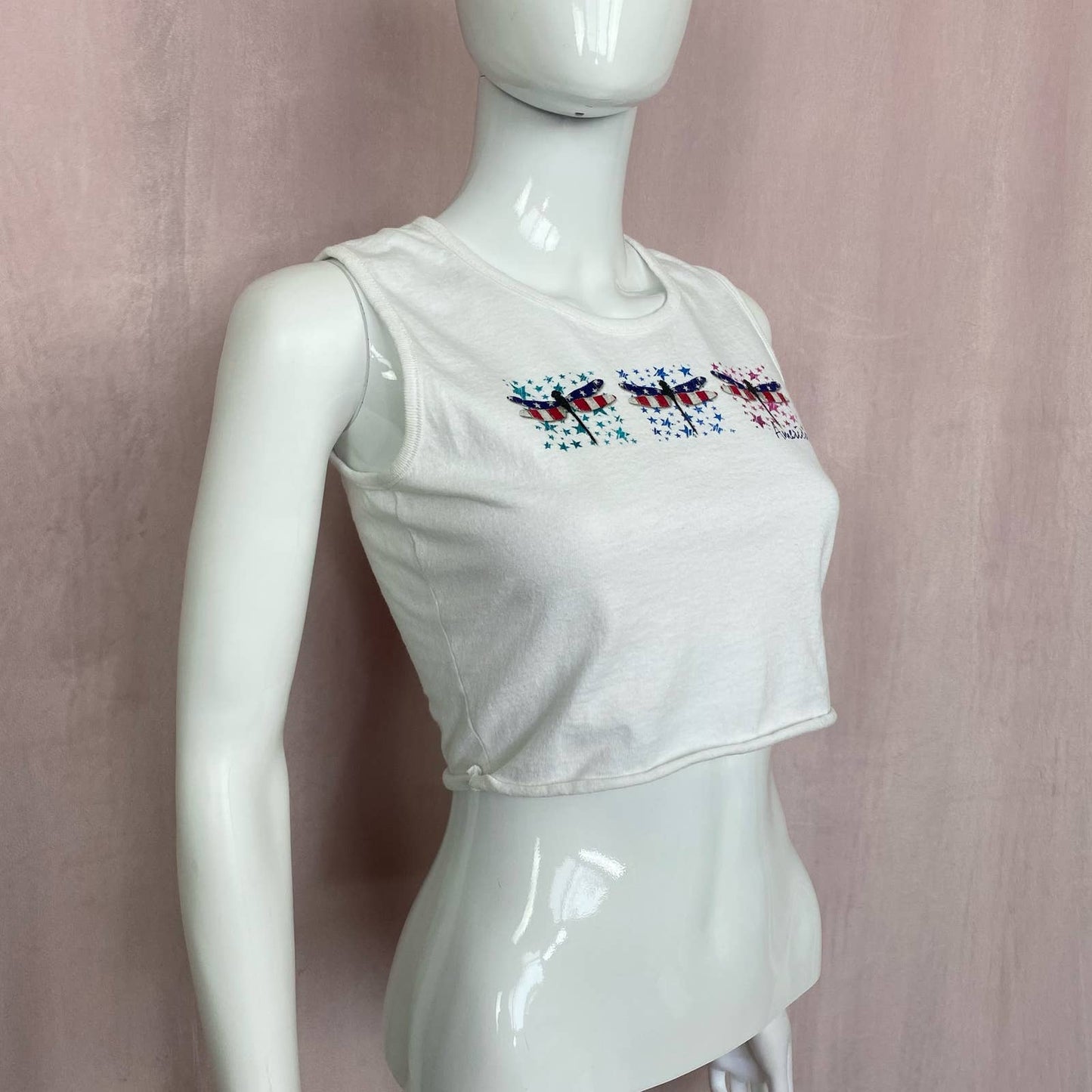 Reworked Y2K American Flag Dragonfly Crop Tank, Size Small