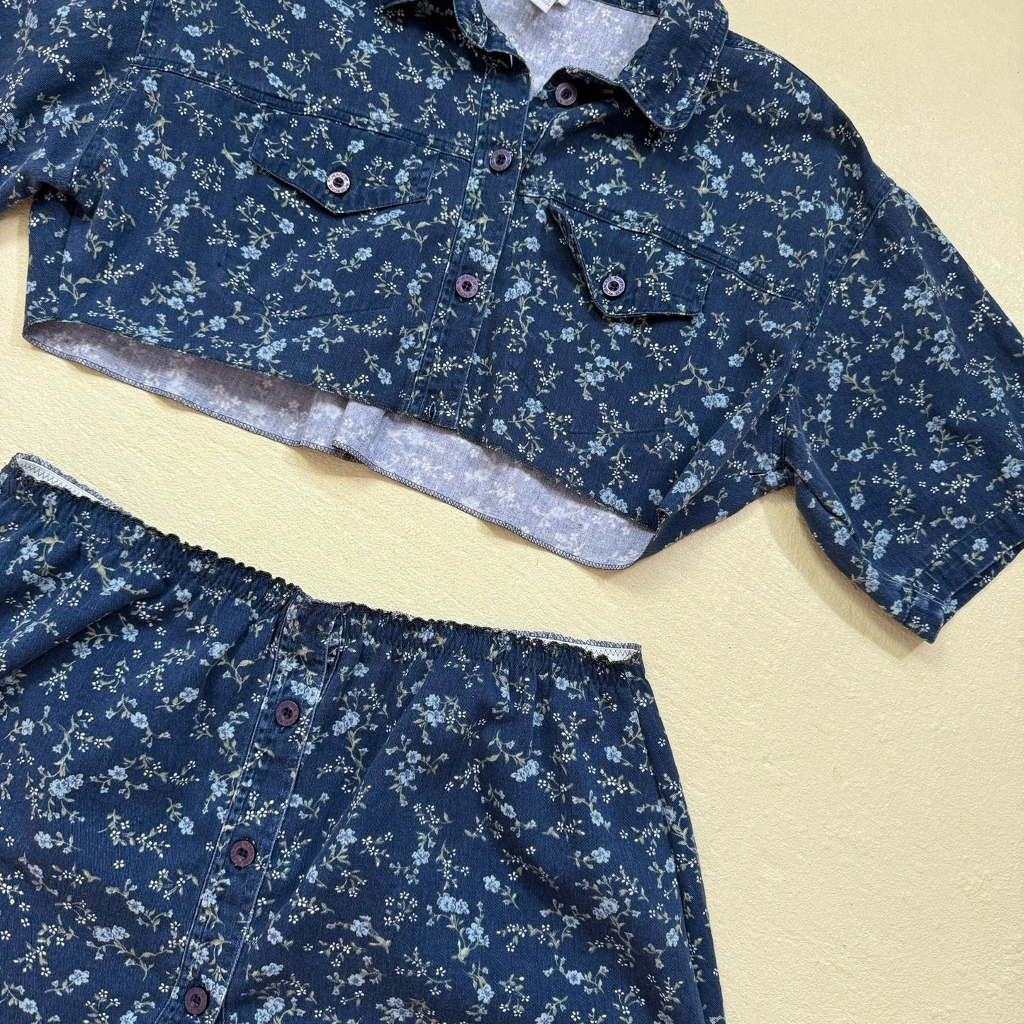 Upcycled Button Up Crop Shirt & Skirt Set, Size L/XL