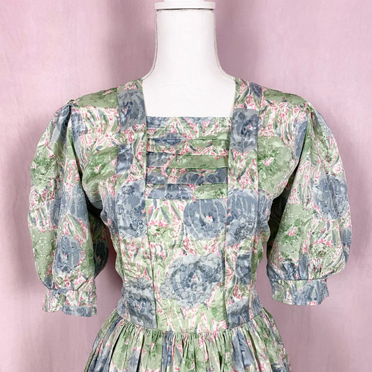 Vintage Handmade Satin Floral Puff Sleeve Maxi Dress