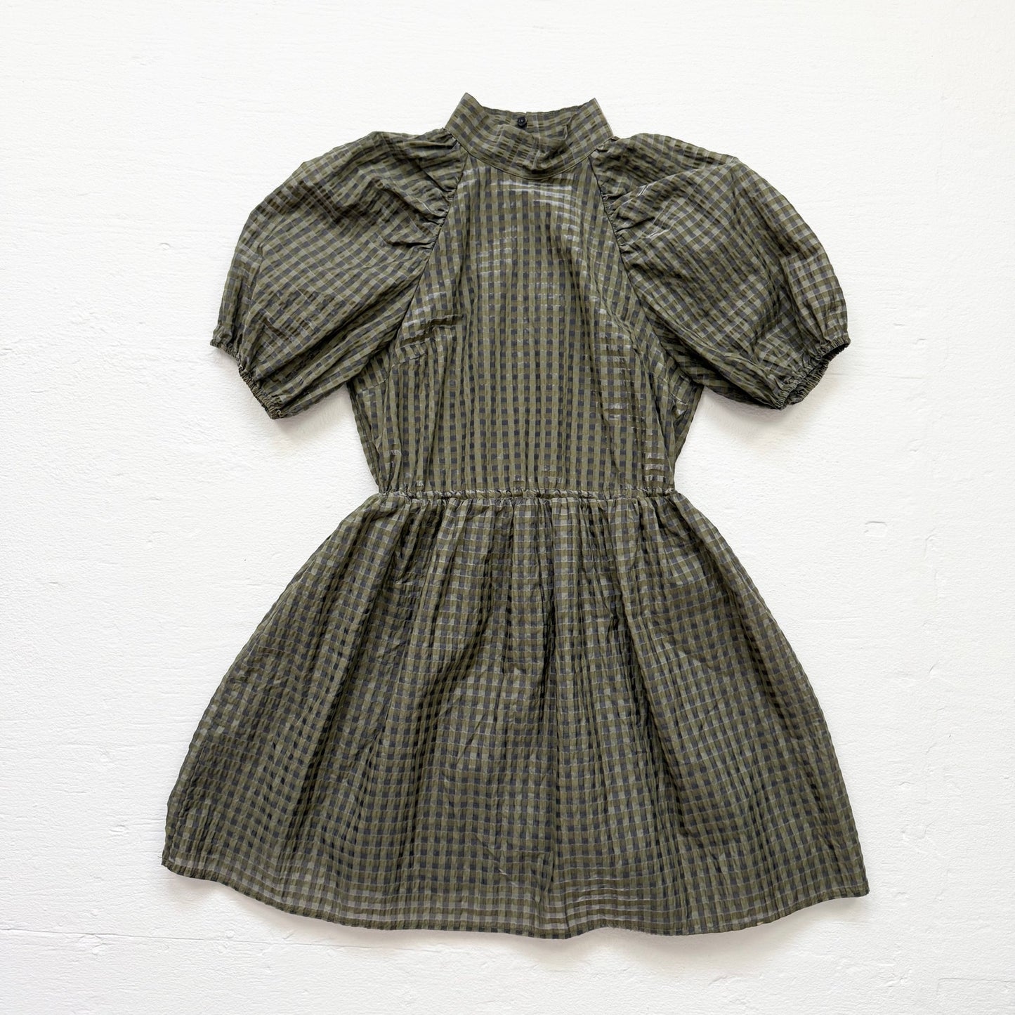 Secondhand H&M Green Plaid Puff Sleeve Babydoll Mini Dress XS