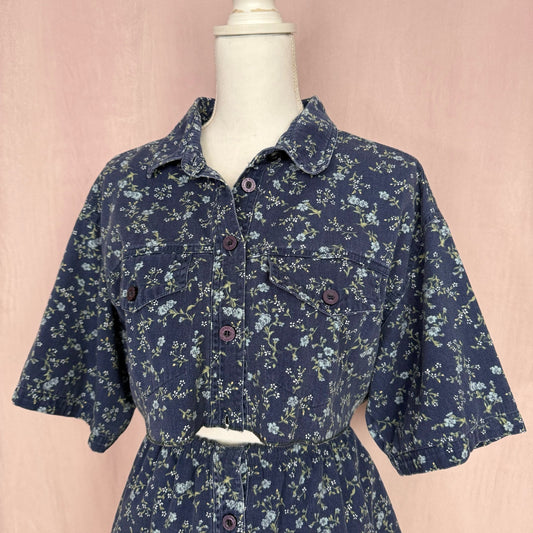 Upcycled Button Up Crop Shirt & Skirt Set, Size L/XL