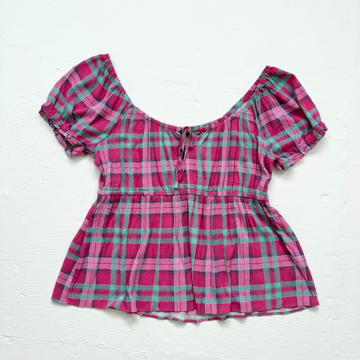 Secondhand Torrid Pink Teal Plaid Tie Front Peplum Top, Size 2X
