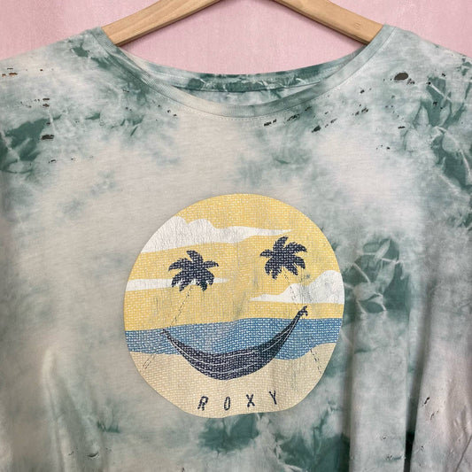 Upcycled Roxy Distressed Tie Dye Crop Smiley Tee, Size Medium