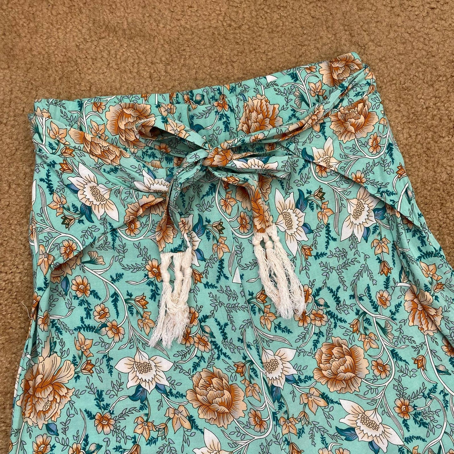 Secondhand Simplee Floral Print Tie Front Tassel Detail Wide Leg Pants, Size Medium