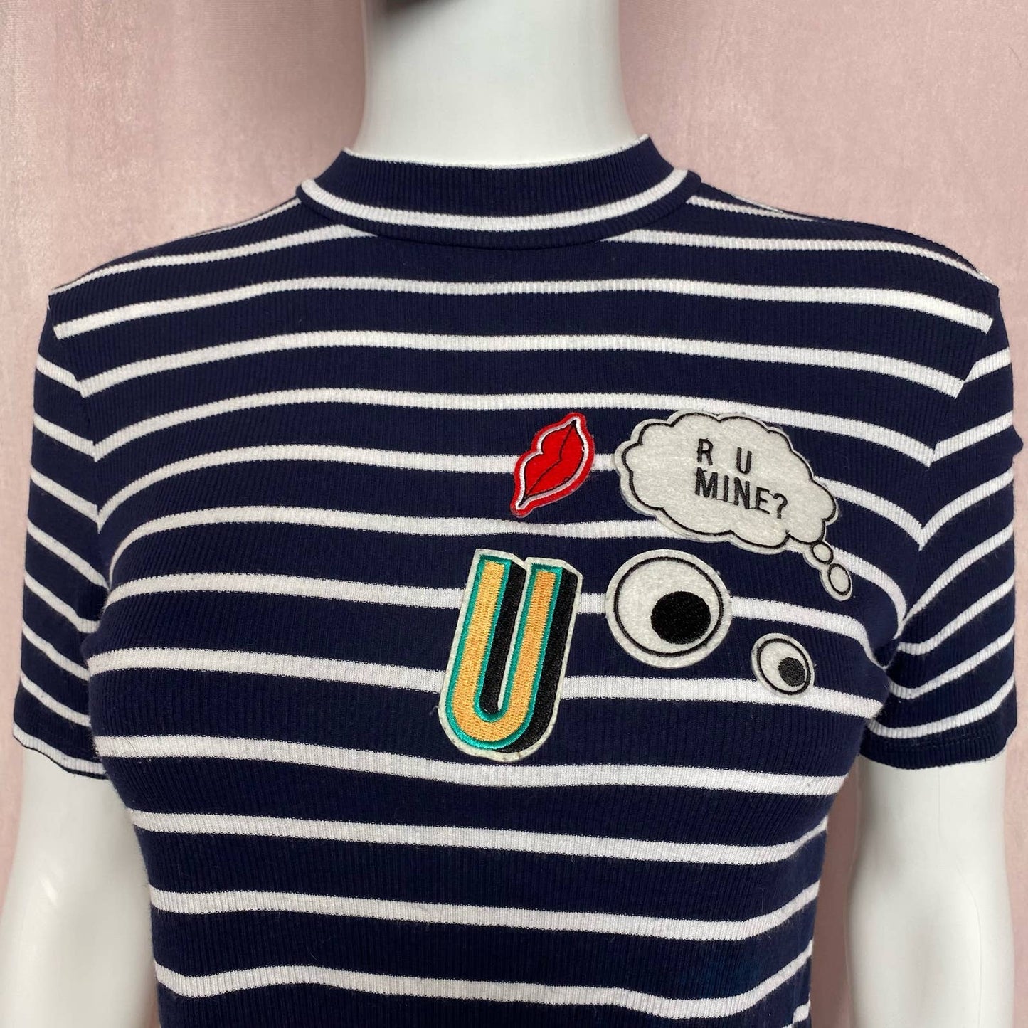 Secondhand Reworked Zara R U Mine Patch Stripe Crop Tee, Size Small