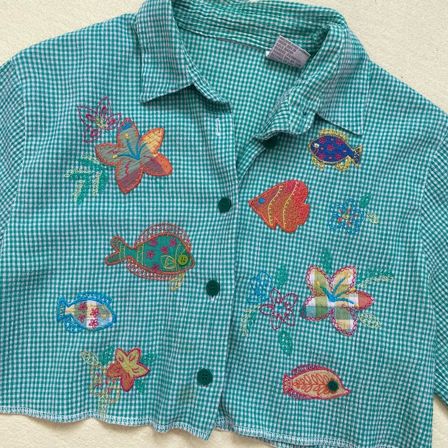 Upcycled Vintage Crop Embroidered Shirt, Size Small