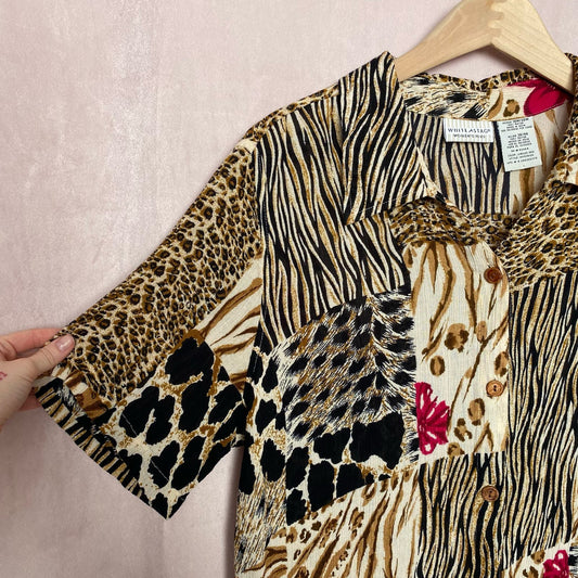 Vintage White Stag Patchwork Floral Animal Print Button Up, Size 18W/20W