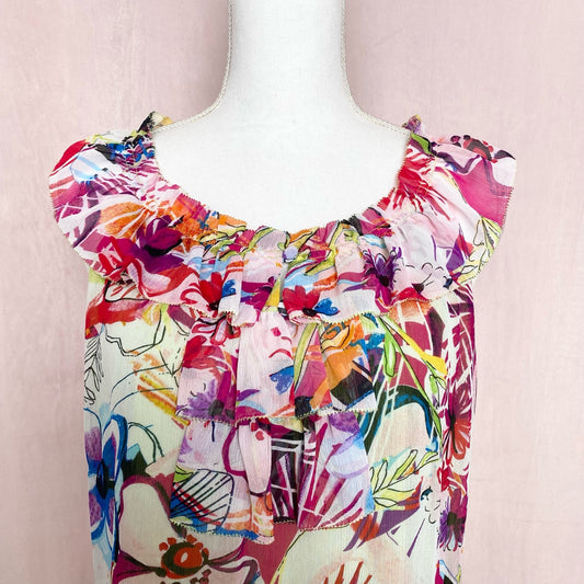 Secondhand Spense Colorful Floral Ruffle Sleeveless Blouse, Size Large