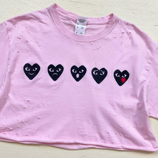 Upcycled Heart Emoji Distressed Crop Pink Graphic Tee